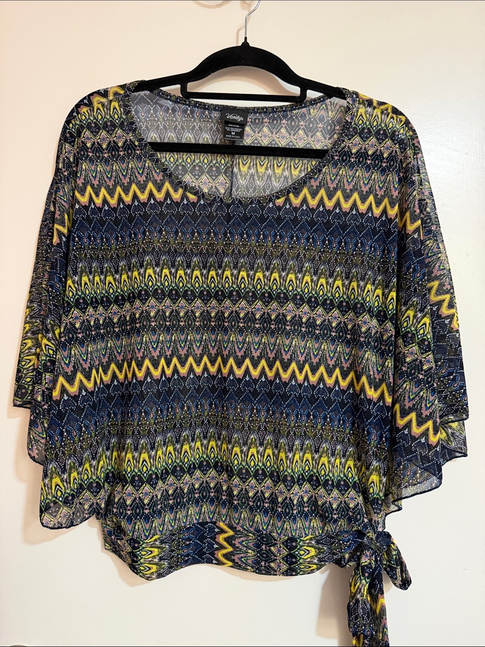 Vanity Navy, Yellow & Green Zigzag Tie-Hem Blouse
